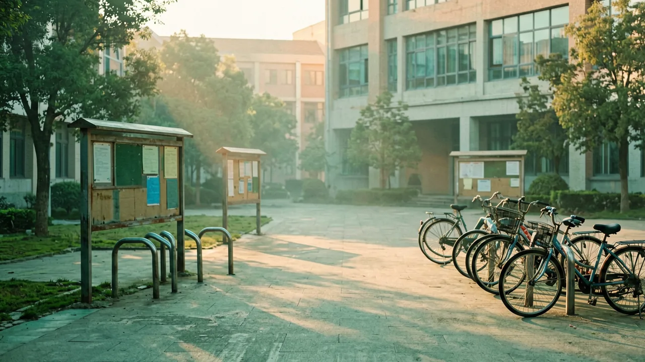 清晨校园庭院与公告栏，自然光下的教学楼外景